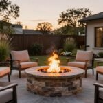beautiful backyard fire pit surrounded by comfortable seating and landscaping at dusk