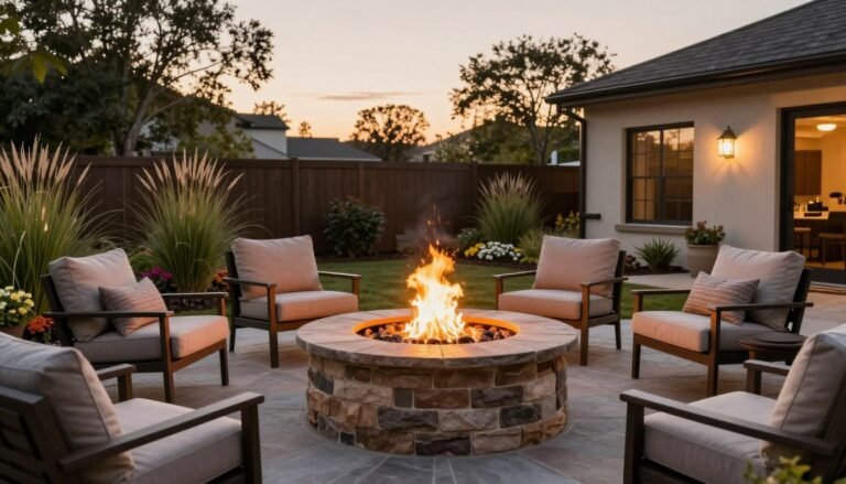 beautiful backyard fire pit surrounded by comfortable seating and landscaping at dusk