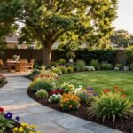 beautiful backyard landscape with lush garden beds, stone pathways, and outdoor seating area