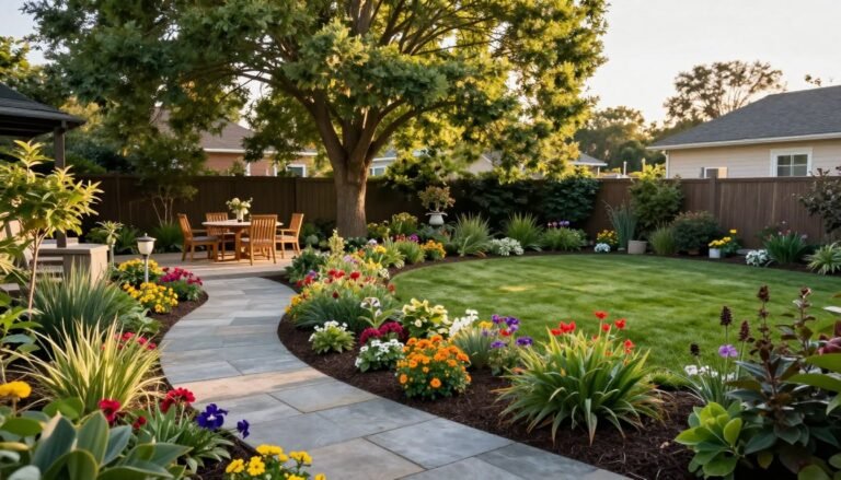 beautiful backyard landscape with lush garden beds, stone pathways, and outdoor seating area