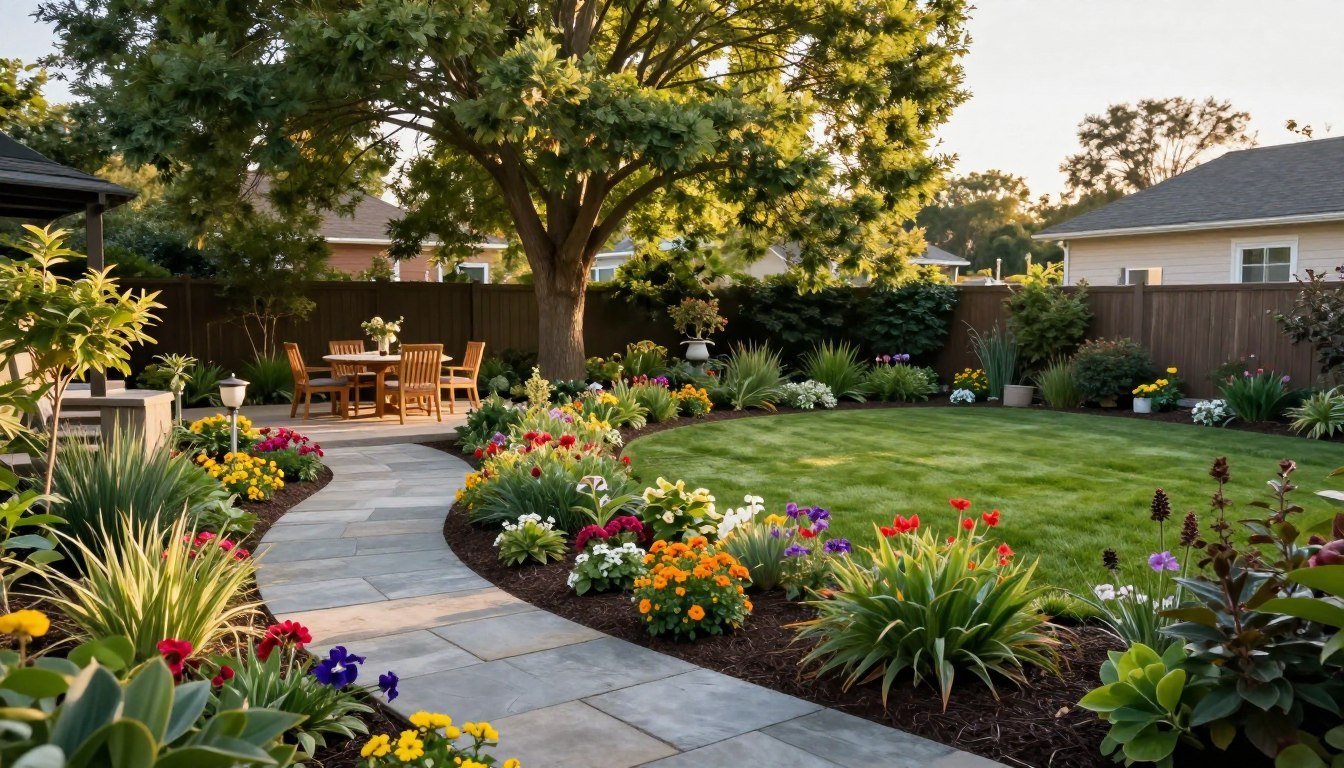 beautiful backyard landscape with lush garden beds, stone pathways, and outdoor seating area