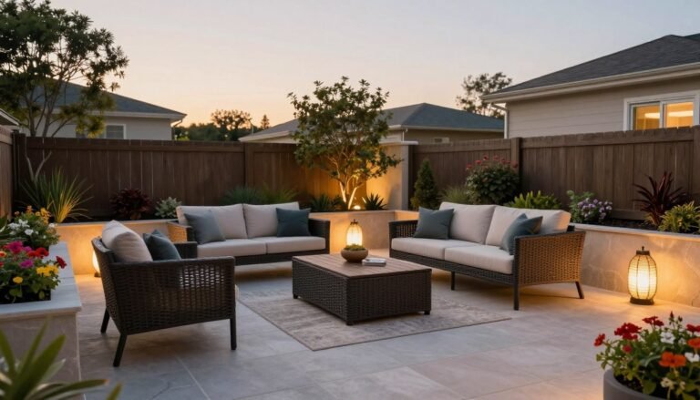 beautiful backyard patio designs with comfortable seating and lush greenery