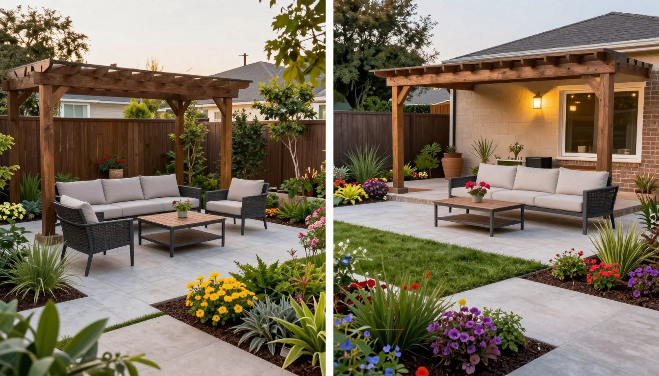 beautiful backyard transformation with patio and garden areas