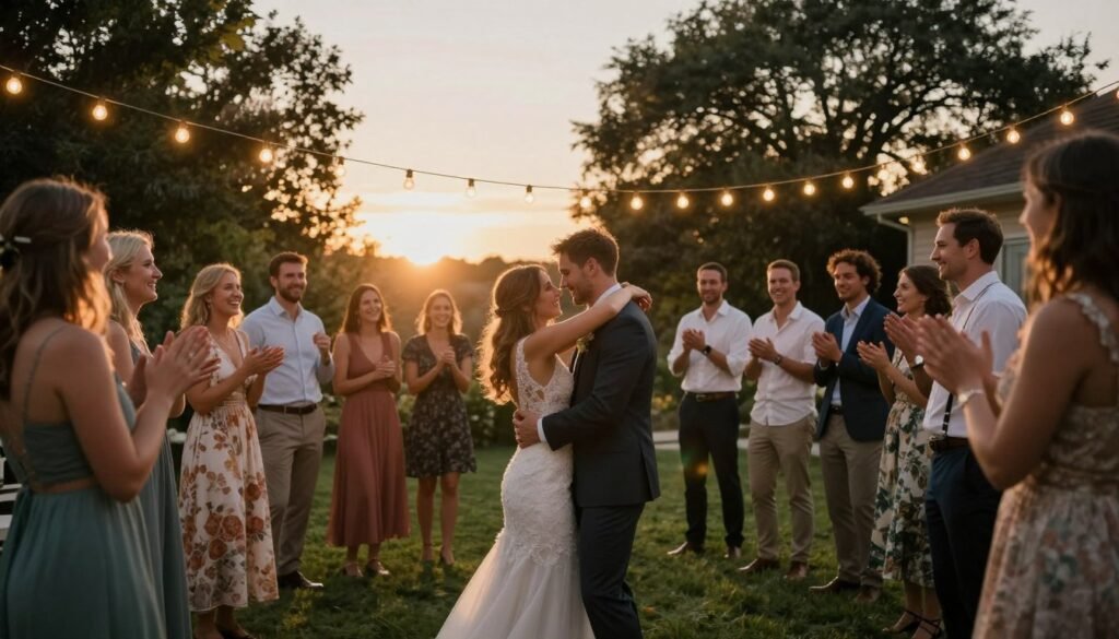 beautiful backyard wedding celebration at sunset with happy couple and guests