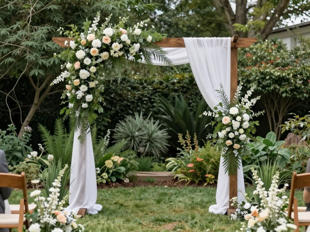 beautiful backyard wedding ceremony altar with natural flowers