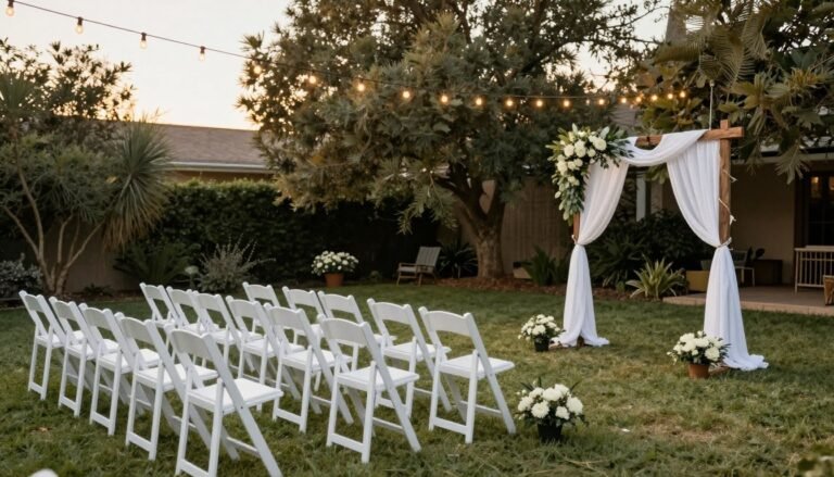 beautiful backyard wedding setup with string lights and simple elegant decorations on a budget