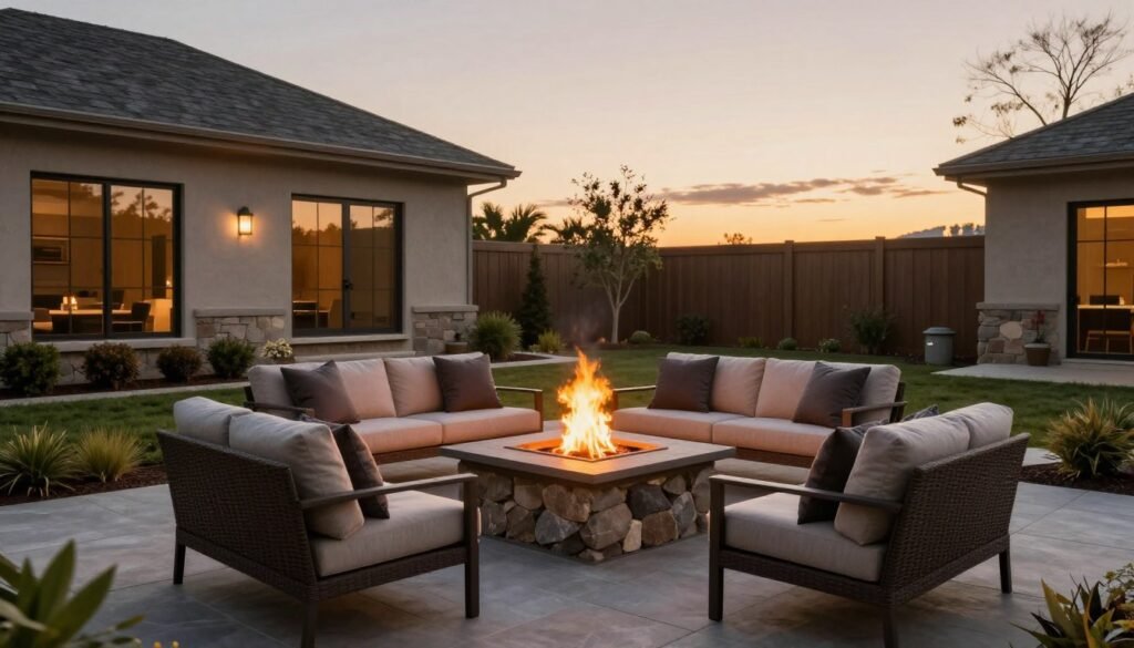 beautiful completed fire pit lounge area at dusk showing all design elements