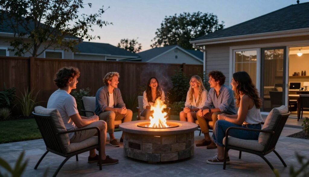 beautiful completed small backyard fire pit area with friends gathering