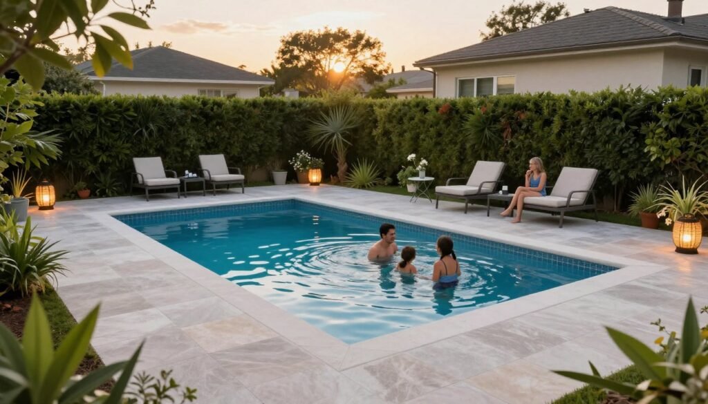 beautiful completed small backyard pool with full landscaping and happy family enjoying the space
