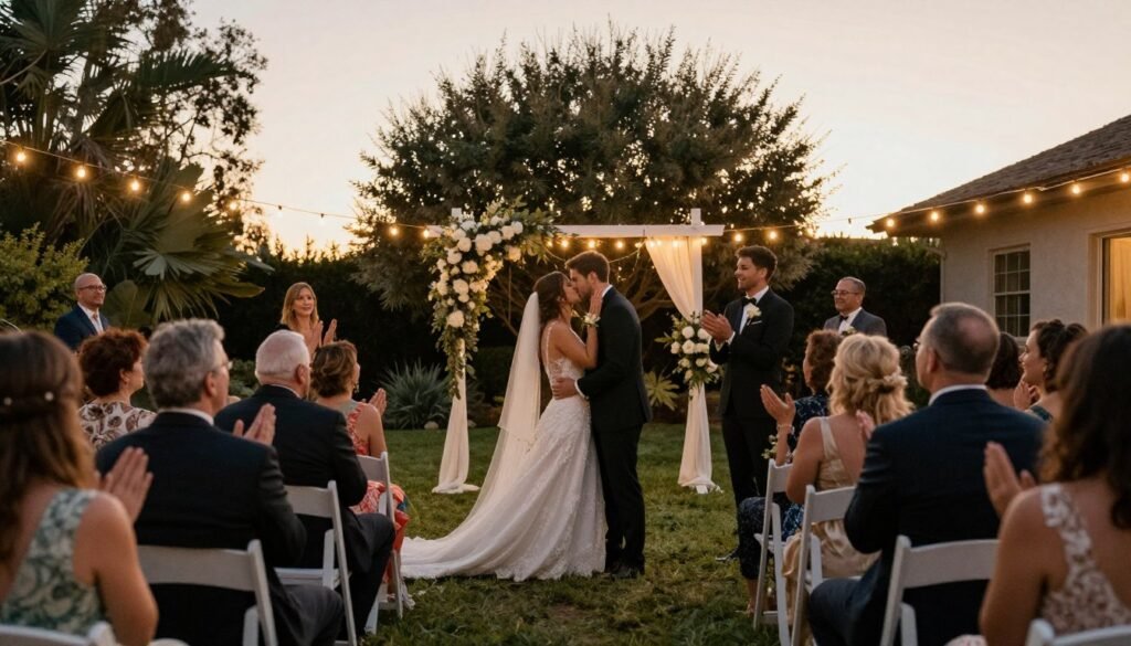 beautiful completed small backyard wedding ceremony at sunset beautiful completed small backyard wedding ceremony at sunset