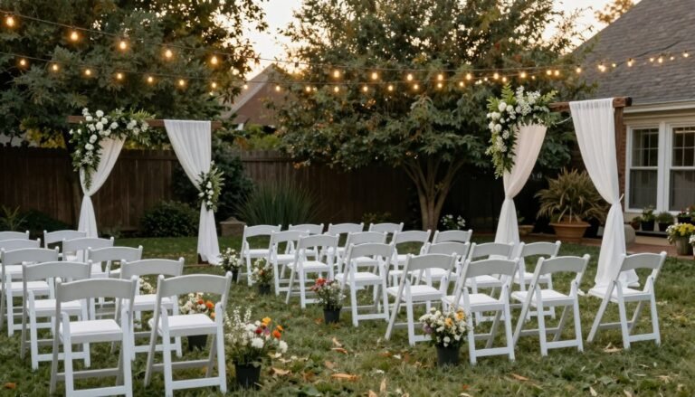 beautiful diy backyard wedding on a budget setup with string lights and simple decorations