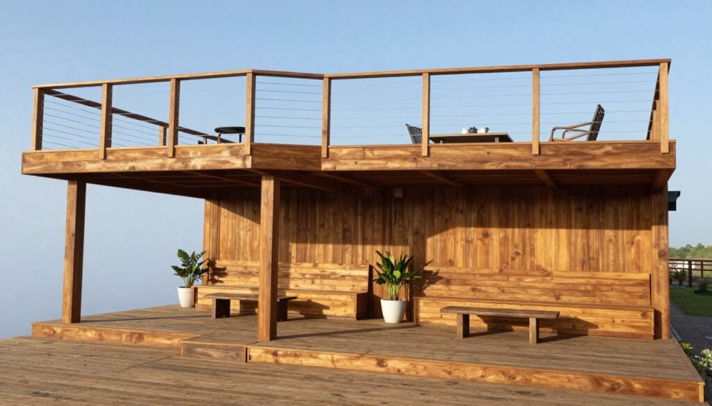 beautiful multi-level deck with railings and built-in seating