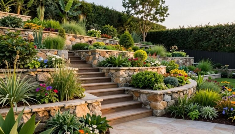 beautiful sloped backyard landscaping with terraced garden beds and stone retaining walls