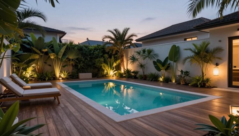beautiful small backyard pool with modern deck and lounge seating area surrounded by tropical landscaping