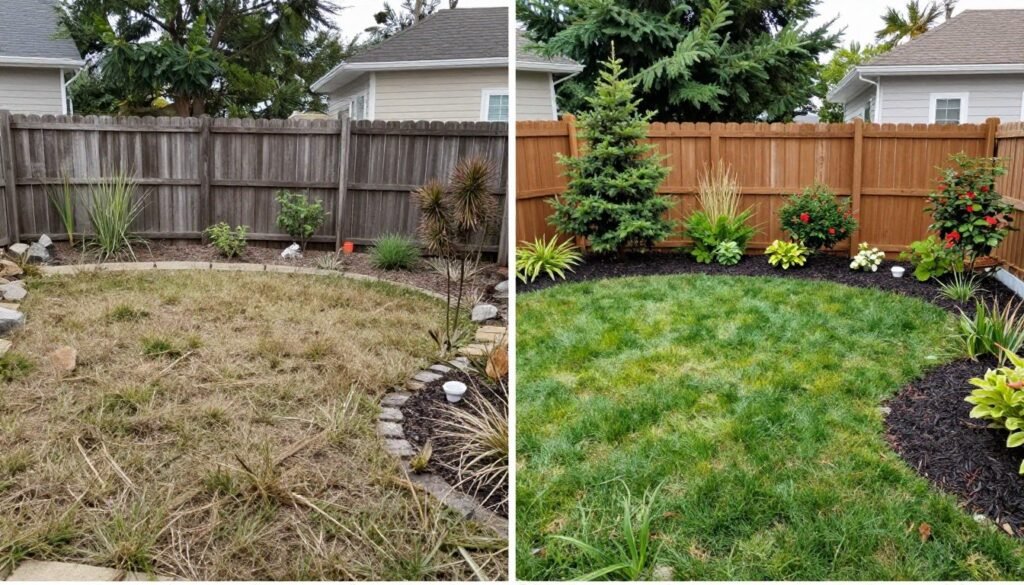 before and after of budget DIY backyard transformation