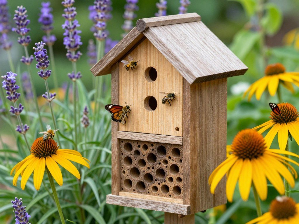 beneficial insect hotel and pollinator plants attracting bees and butterflies