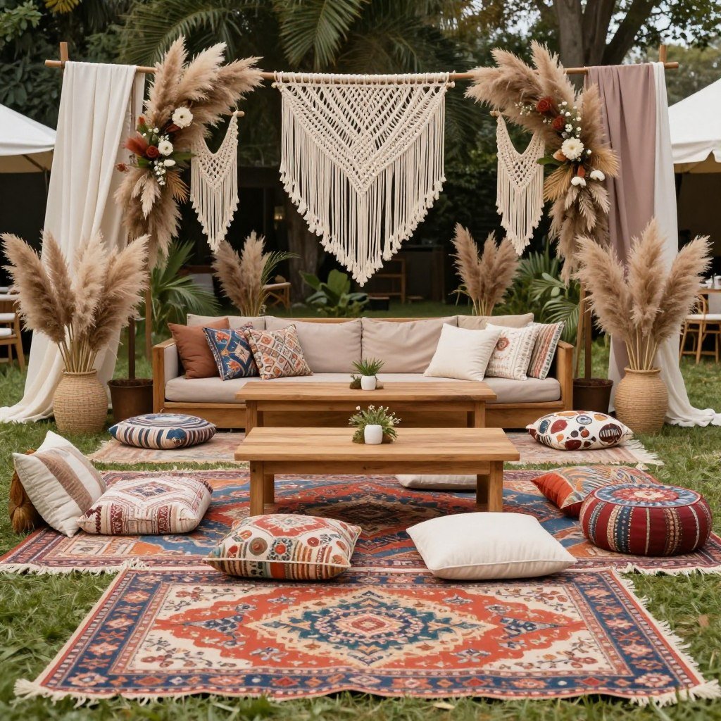 bohemian backyard wedding lounge area with vintage rugs and floor cushions bohemian backyard wedding lounge area with vintage rugs and floor cushions