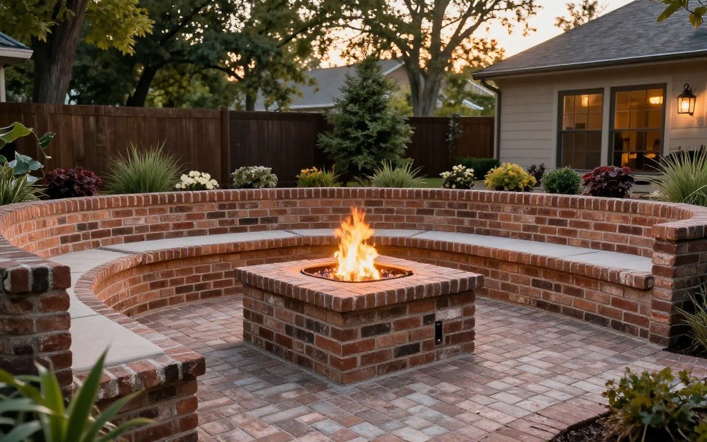brick patio with matching brick fire pit and seating wall
