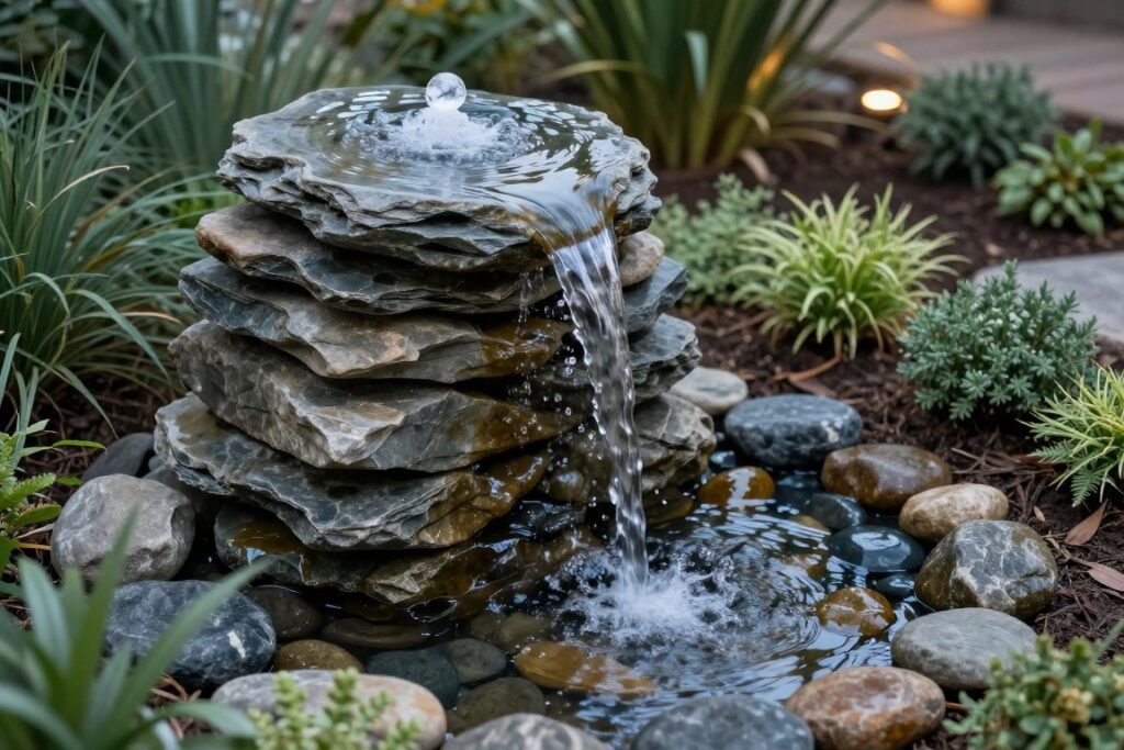 bubbler fountain made with stacked stones in small backyard garden bed