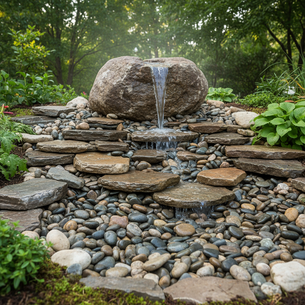 bubbling rock water feature with underground reservoir