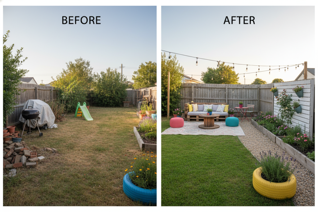 budget backyard transformation showing before and after comparison