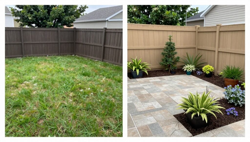 budget-friendly backyard makeover showing before and after transformation
