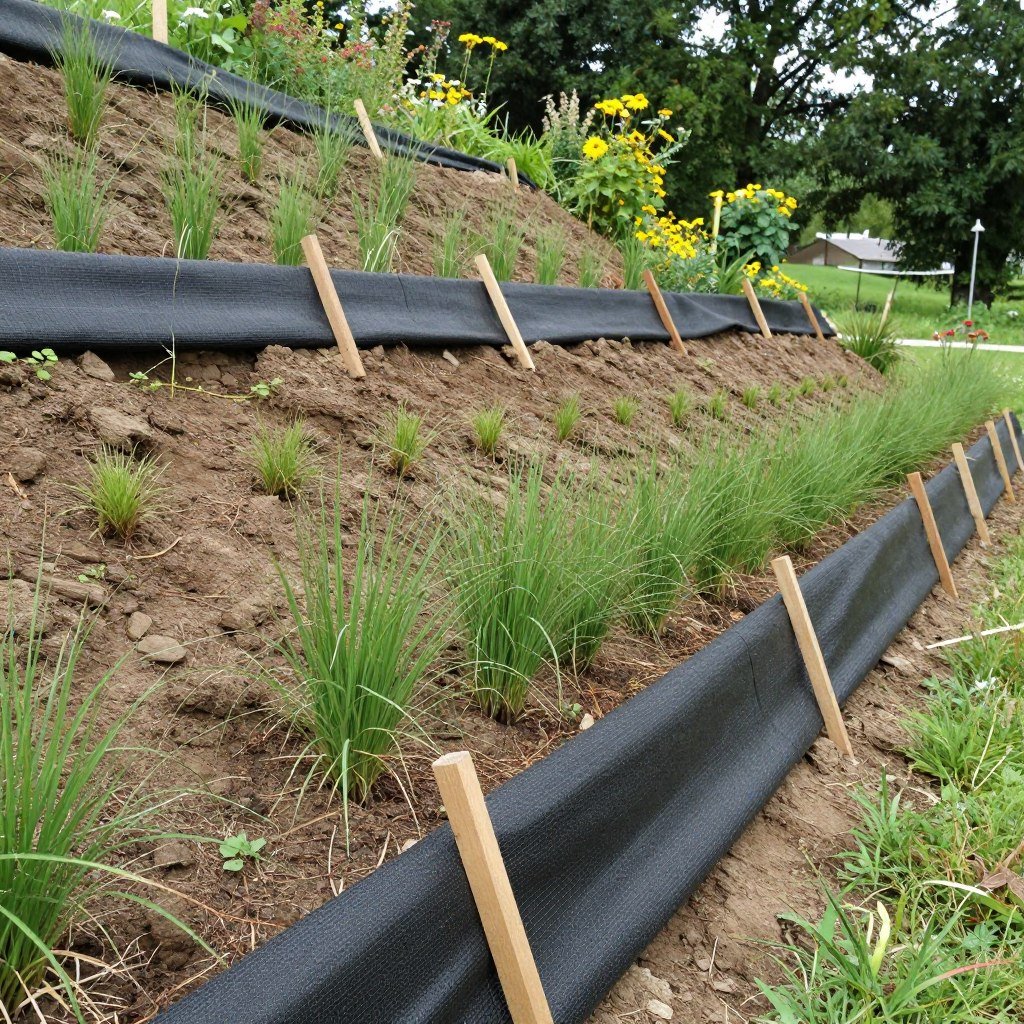 budget-friendly erosion control methods on sloped yard including fabric and plantings