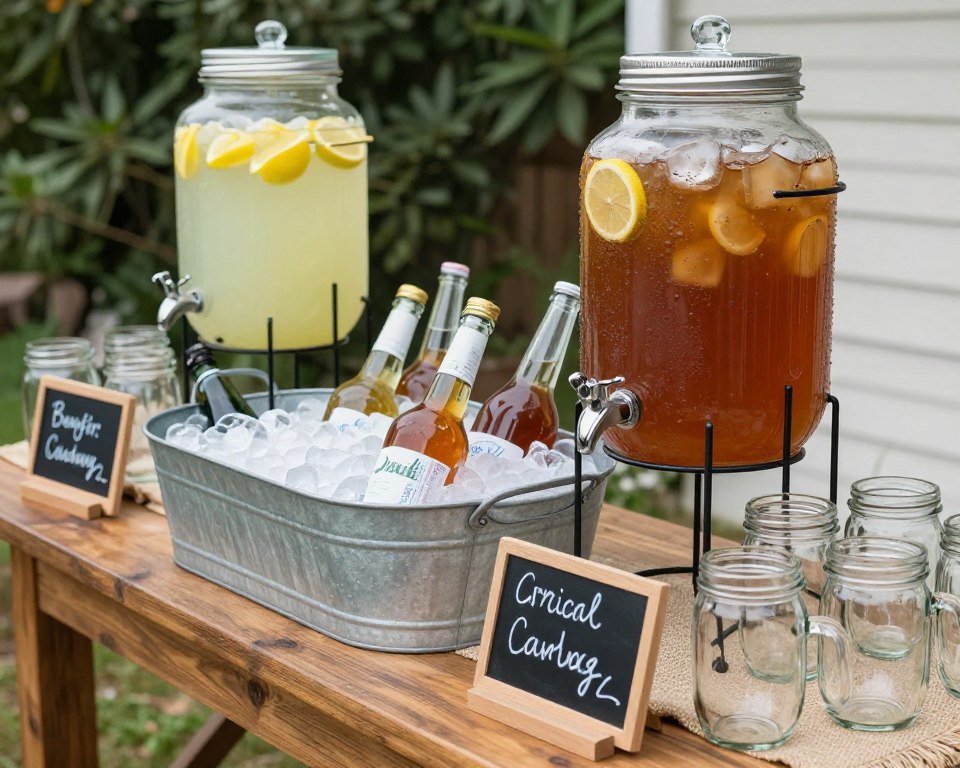 budget-friendly wedding drink station with mason jars and beverage dispensers