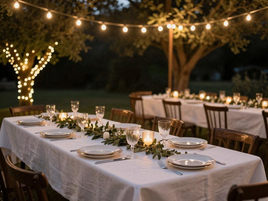 budget-friendly wedding reception table with string lights and simple centerpieces