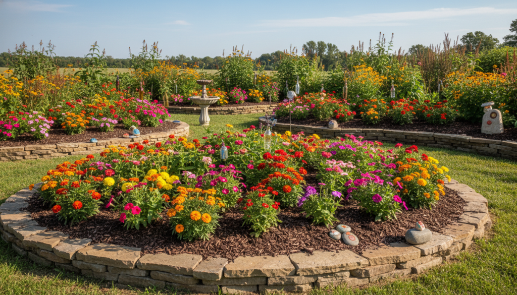 budget landscape design with colorful flowers and mulched beds