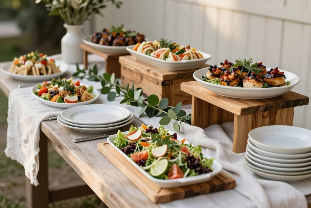 buffet style backyard wedding food display