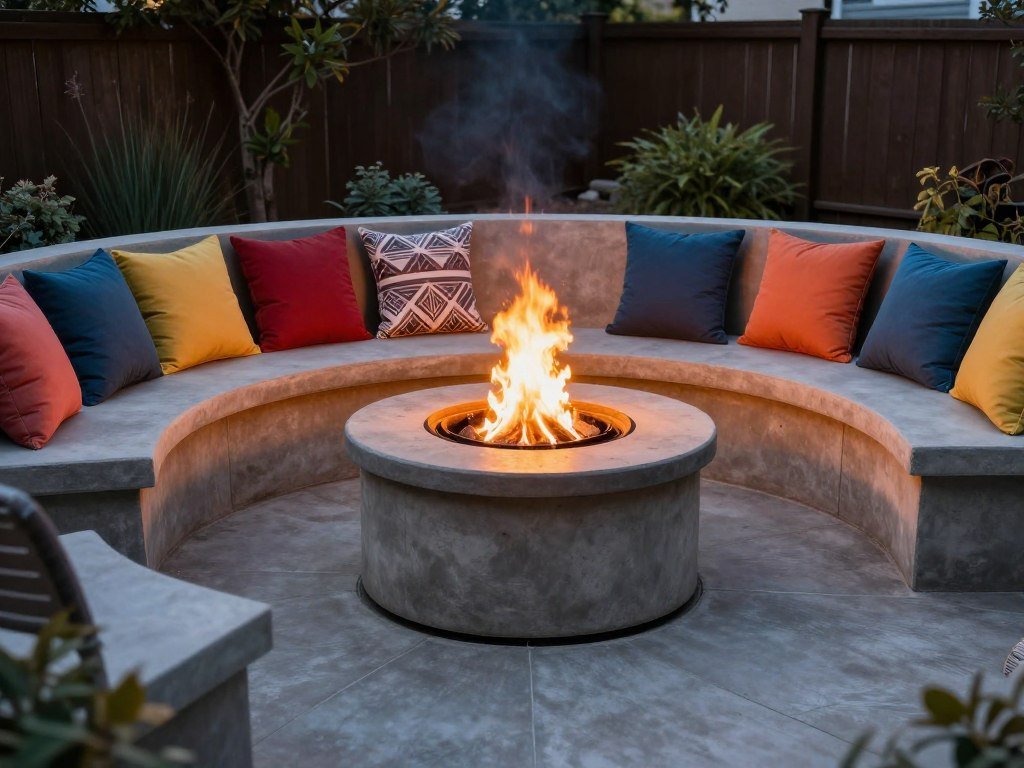 built-in curved bench seating around backyard fire pit with cushions
