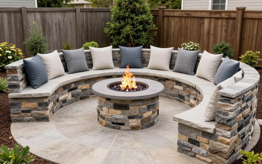 built-in curved bench seating around fire pit
