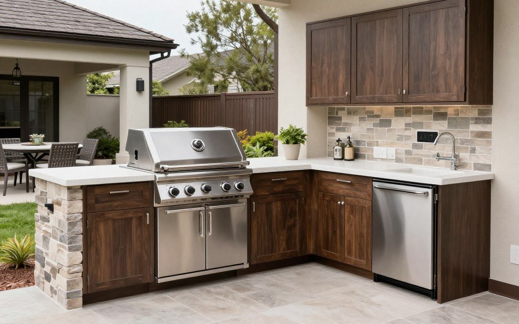 built-in outdoor kitchen with grill, countertops, and storage cabinets