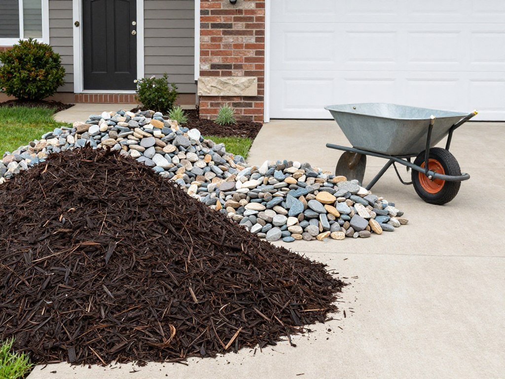 bulk landscape materials delivery in driveway including mulch and stone