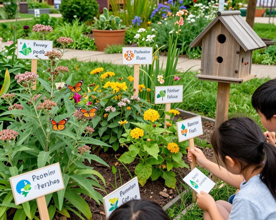 butterfly and pollinator garden with educational plant markers