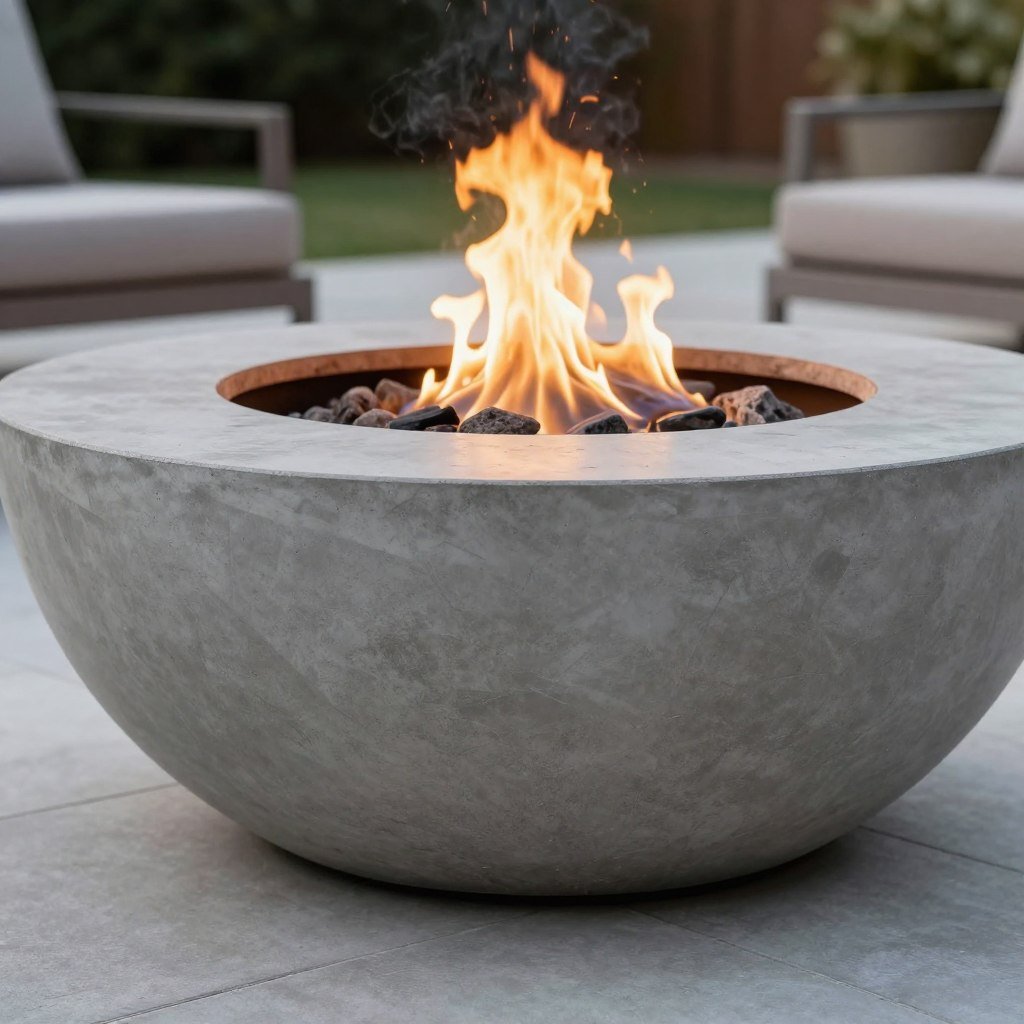 cast concrete fire pit bowl with geometric design