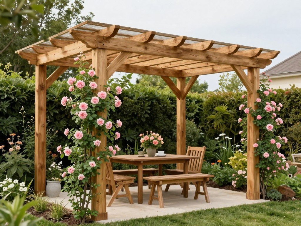 cedar pergola with climbing roses