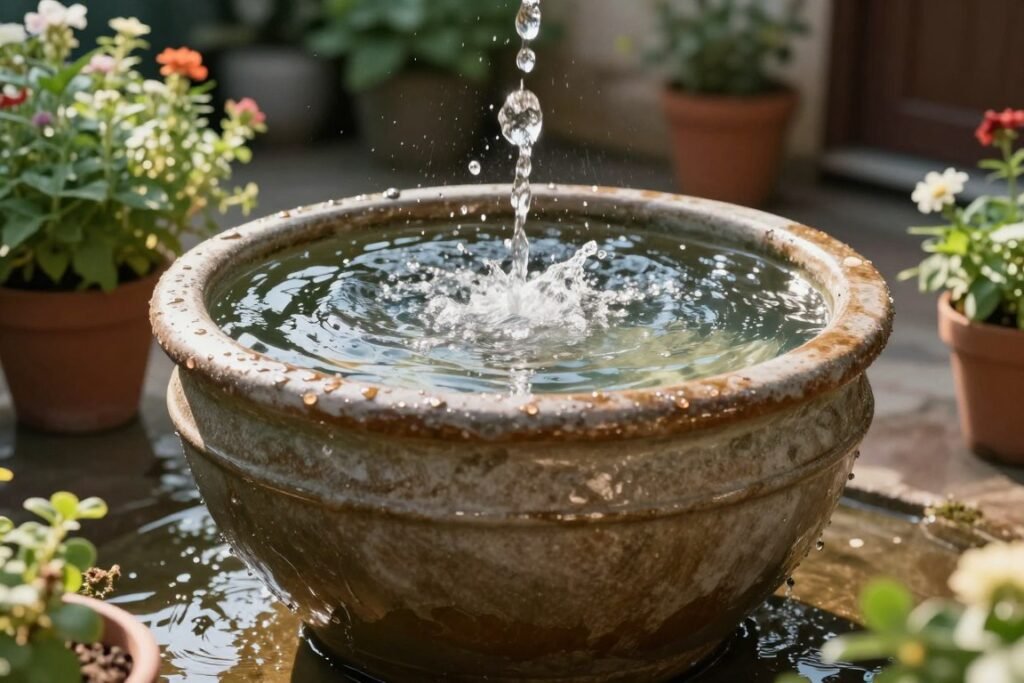 ceramic pot fountain with water bubbling from top surrounded by potted plants