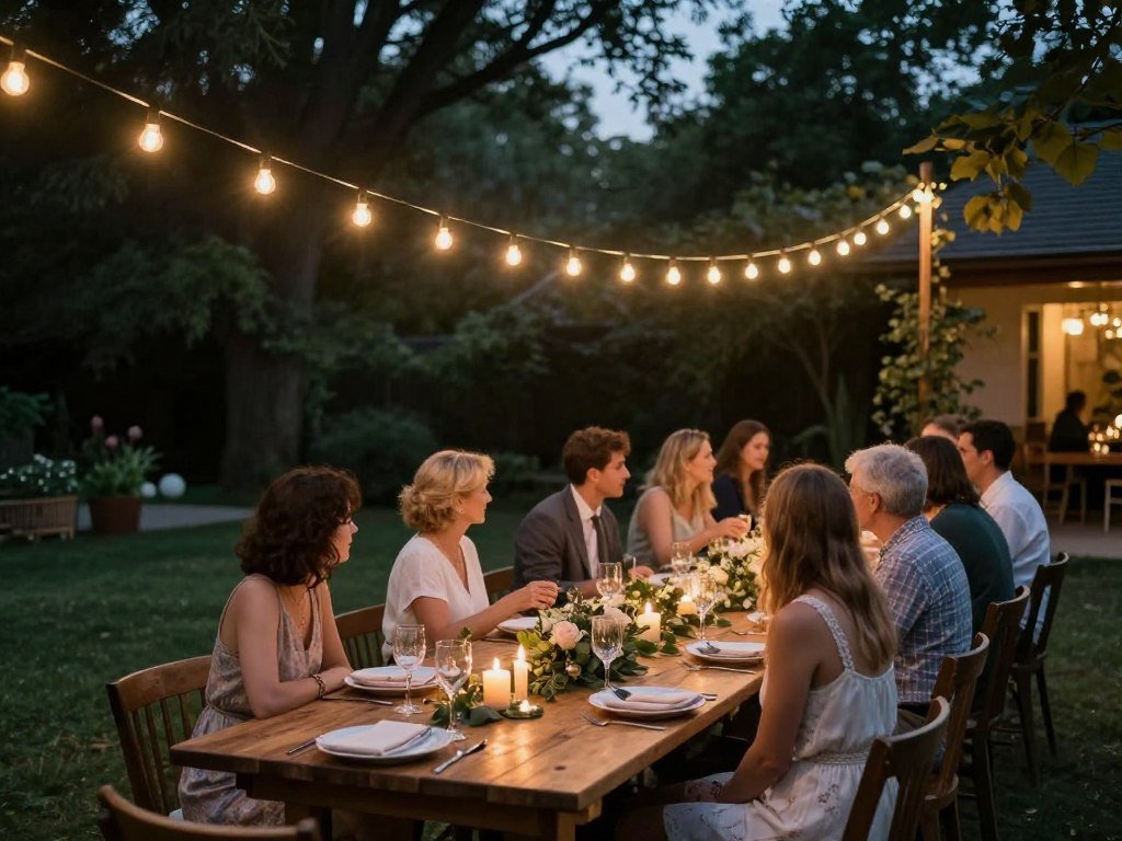 charming small backyard wedding reception with string lights and intimate table settings charming small backyard wedding reception with string lights and intimate table settings