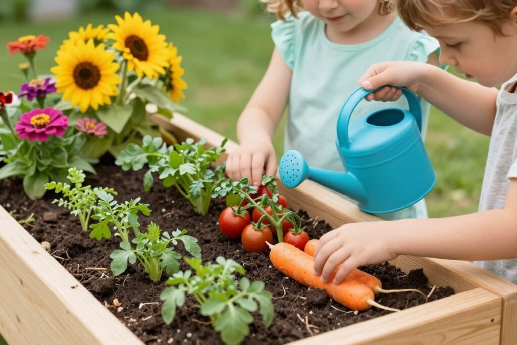 child-height raised garden bed with vegetables and flowers growing