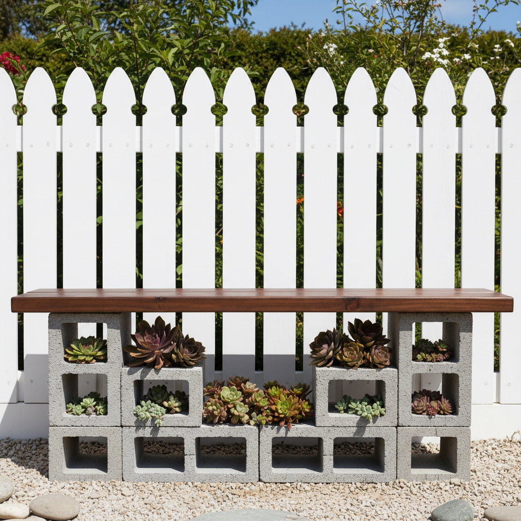 cinder block bench with wooden plank seat and planters