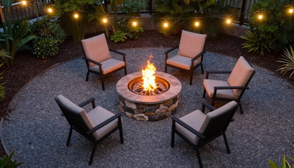 circular fire pit with four chairs arranged symmetrically