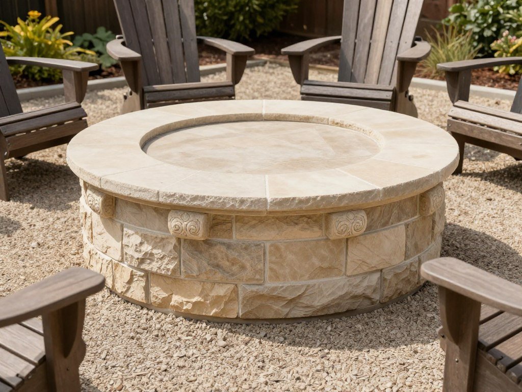 circular limestone fire pit with carved cap stones