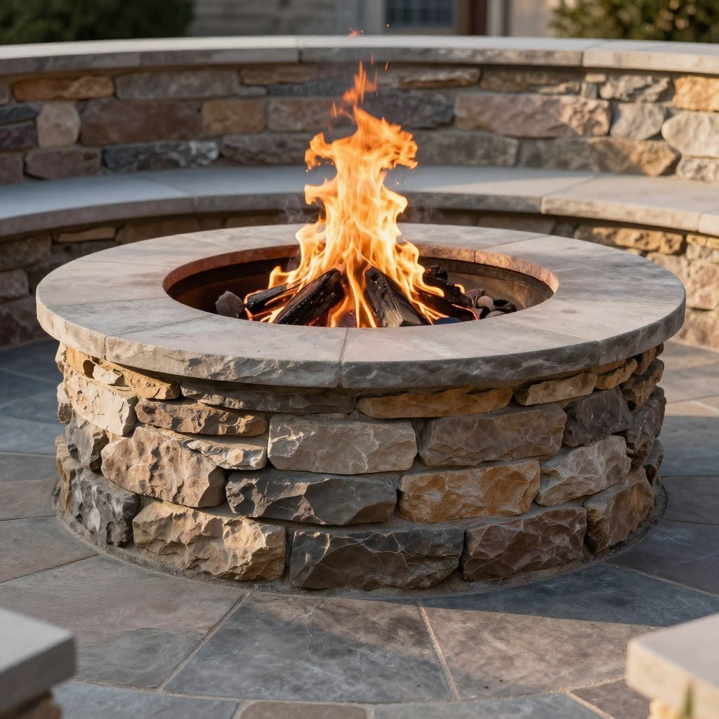 circular raised stone wall fire pit with wide cap stone