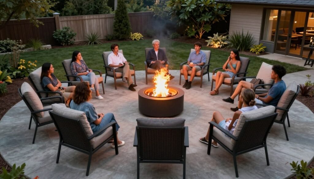 circular seating arrangement around fire pit