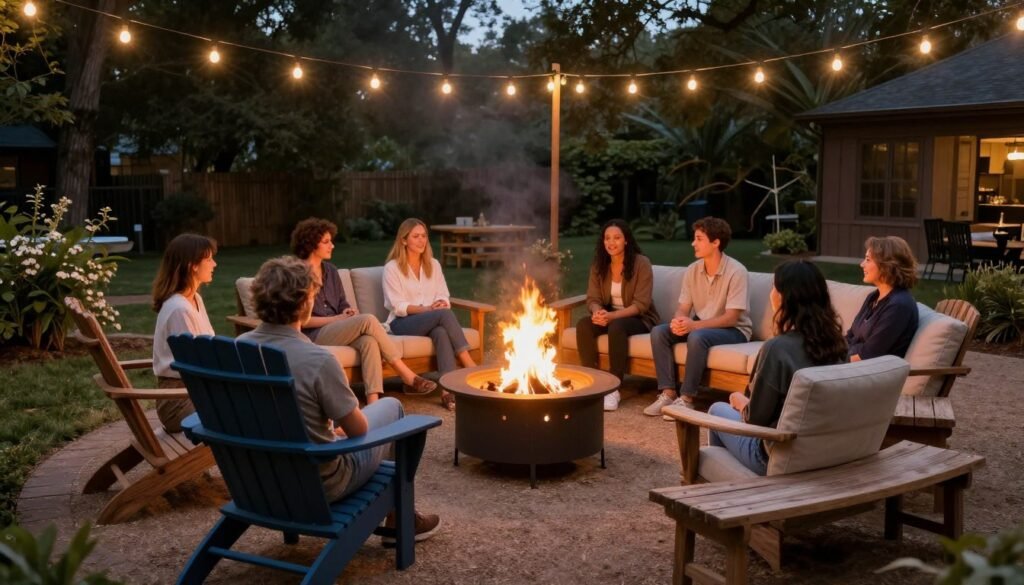 circular seating arrangement around fire pit with various chair styles