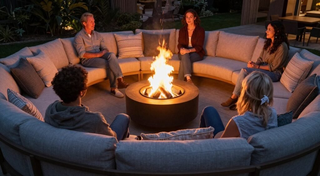 circular seating arrangement around outdoor fire pit with comfortable chairs