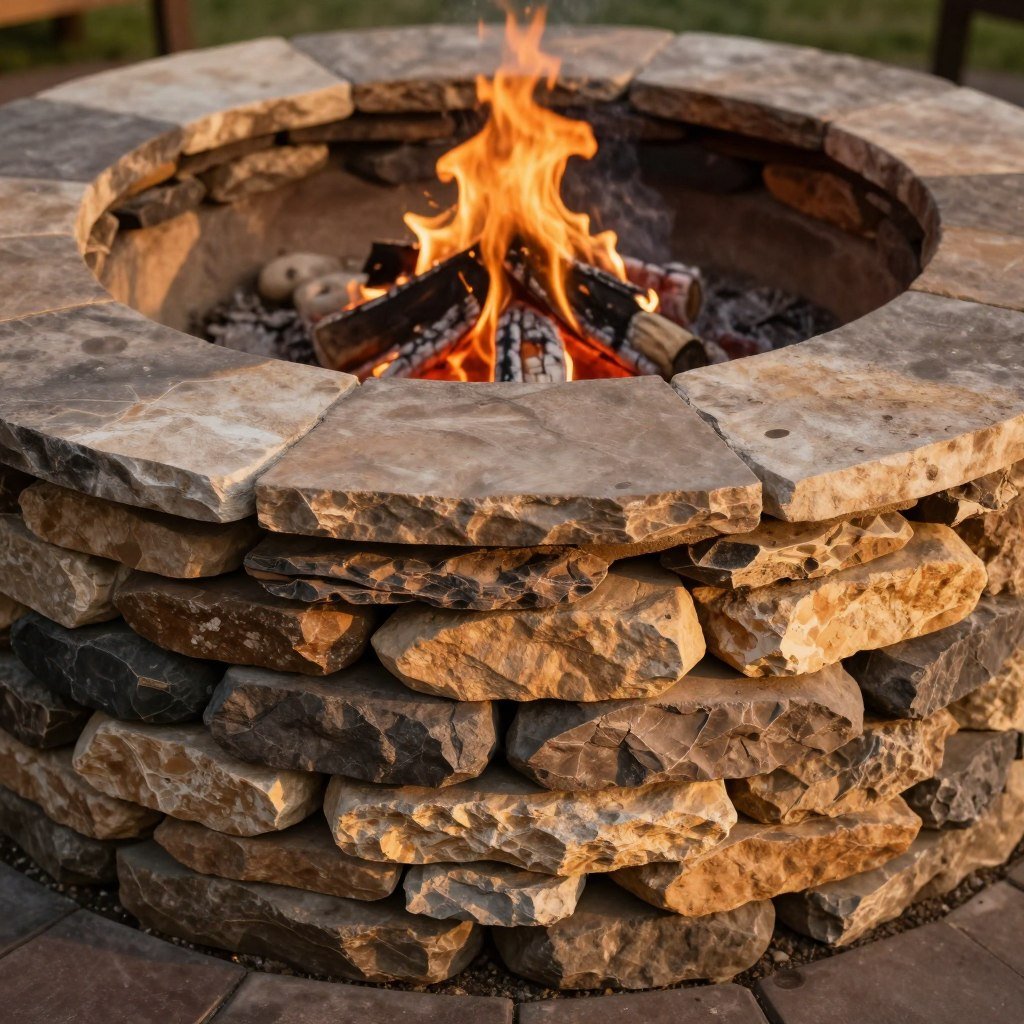 circular stacked stone fire pit with multiple layers and capstone rim