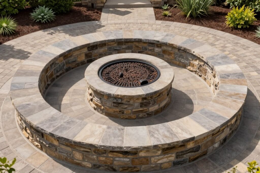 circular stone fire pit with built-in seating area and decorative pavers